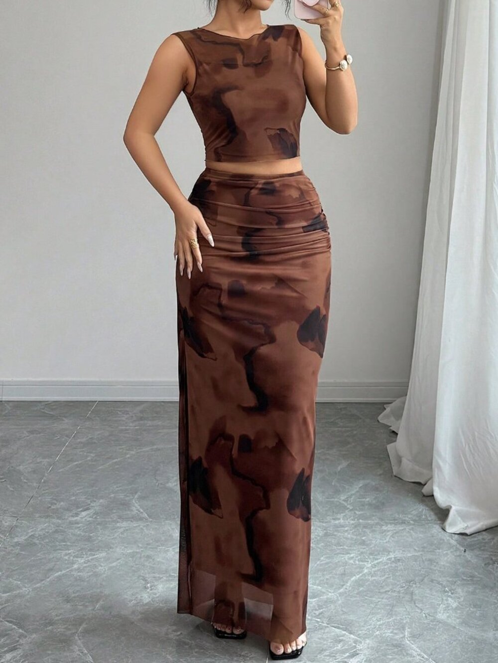 Coffee Brown Casual Women's Checkered Mesh Sleeveless Vest Top & Slit Skirt Set - Picture 3 of 6